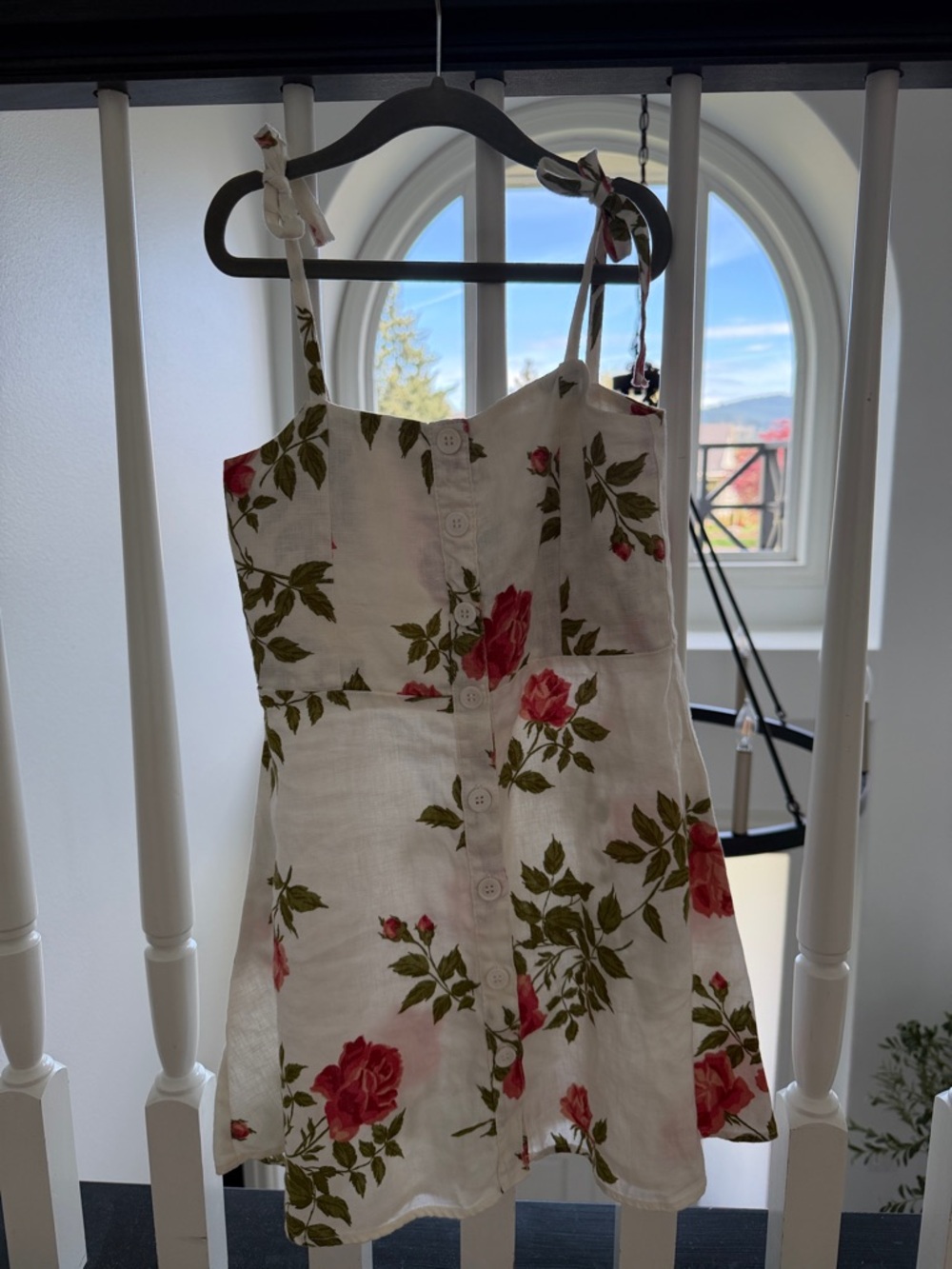 White Floral Button-Front Sundress with Rose Print